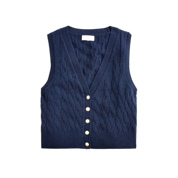 NWT J.Crew Cashmere Cropped Cable-Knit Sweater-Vest in Navy Blue L
